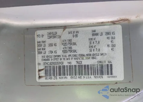 1995 Dodge Ram 1500 из США, поврежденный, VIN 1B7HC16Z0SS352430